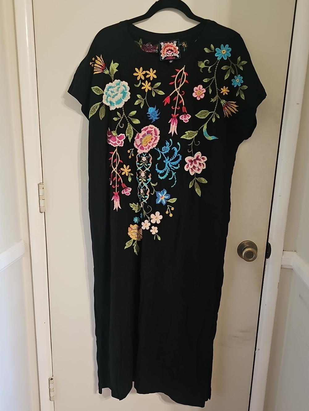 Johnny Was Black Floral Embroidered Midi Dress